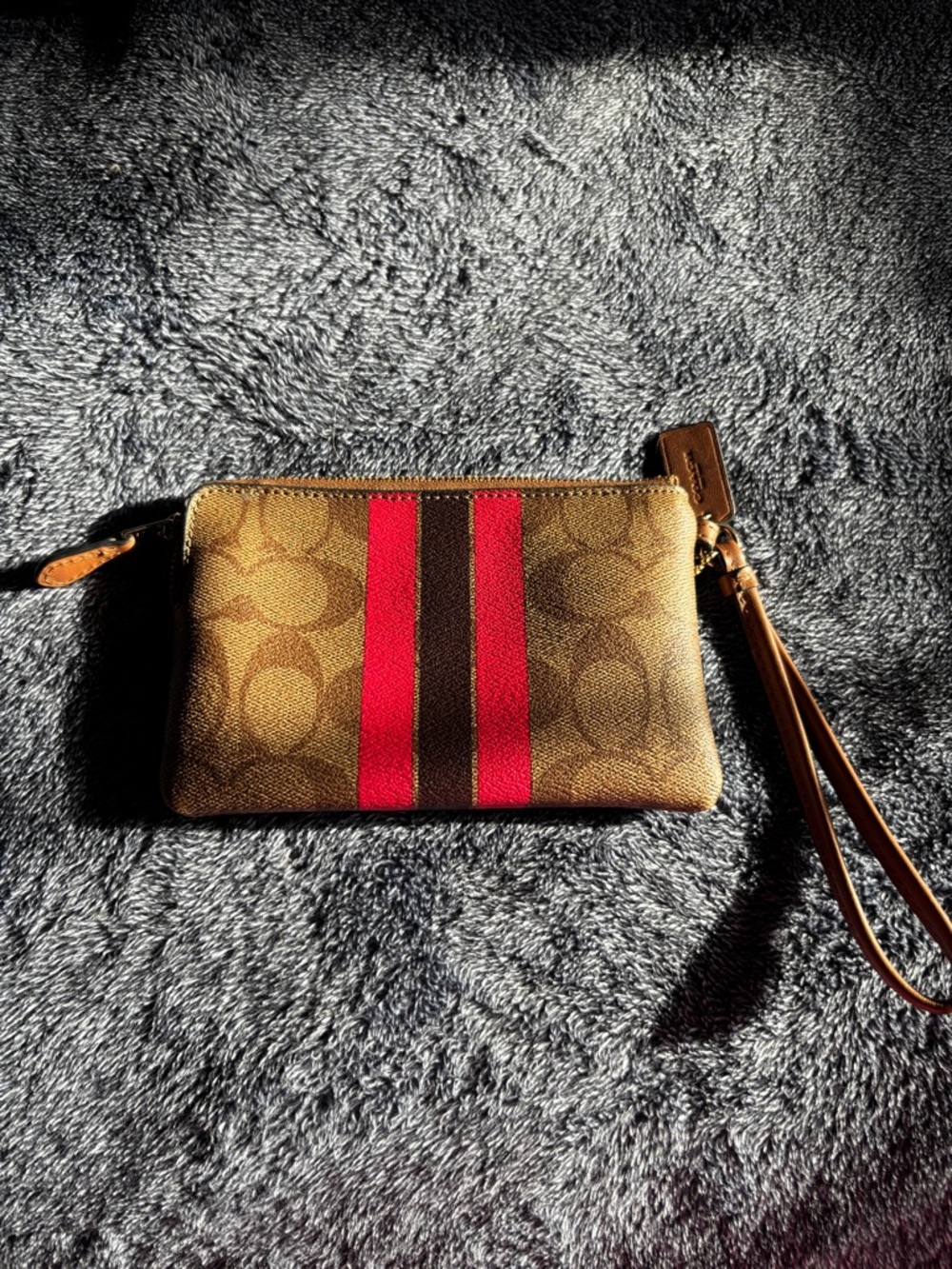 EUC Coach Brown Canvas Wristlet with Red & Dark Brown Center Stripe - Picture 2 of 10